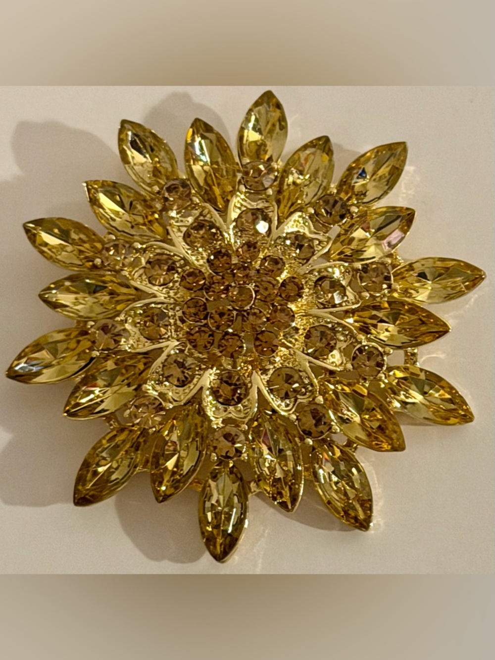 Vintage Champagne Rhinestone Brooch Gold Tone Statement Flower Pin